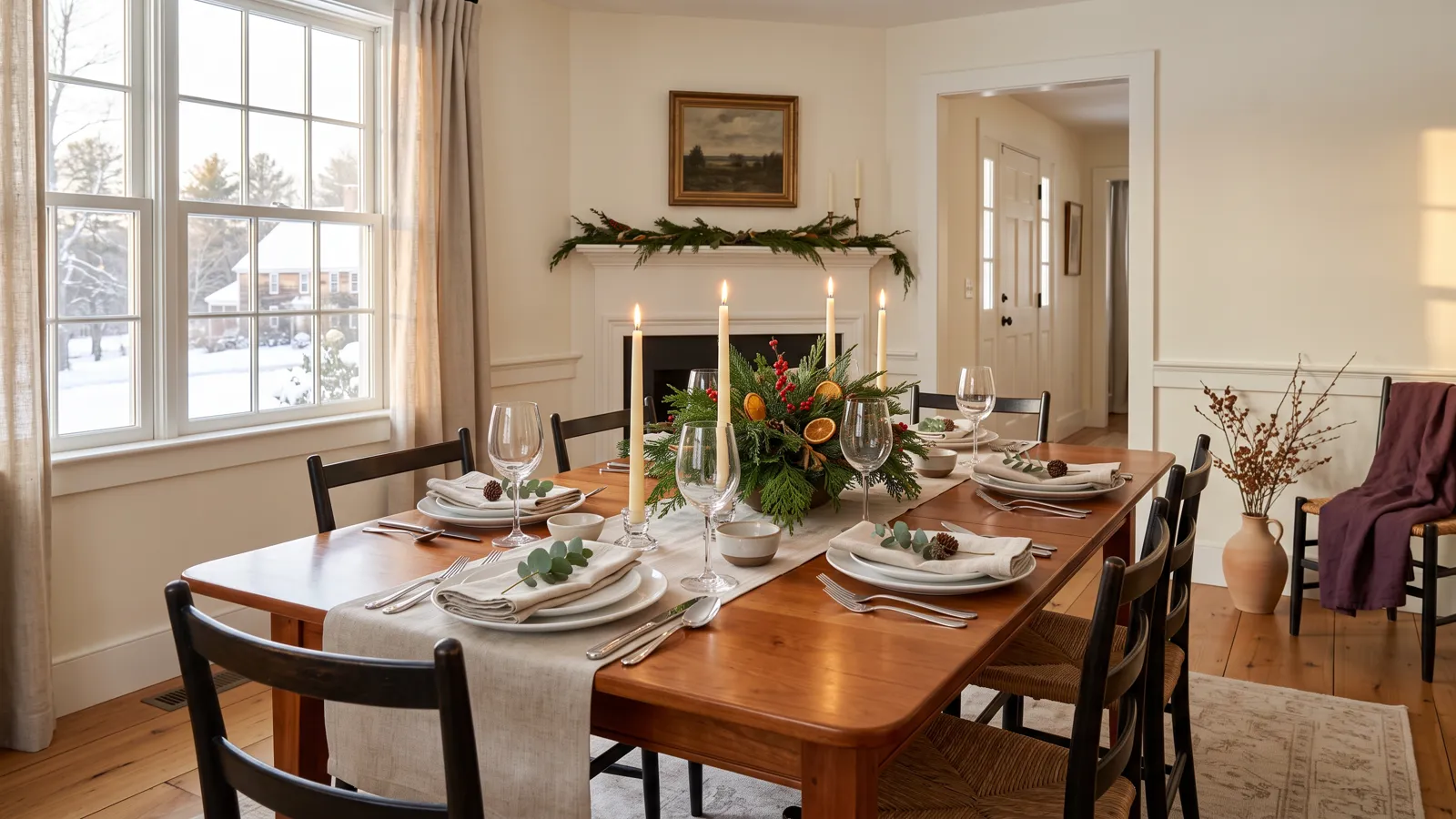 A clean dining room set for a holiday gathering with linen napkins and candles.