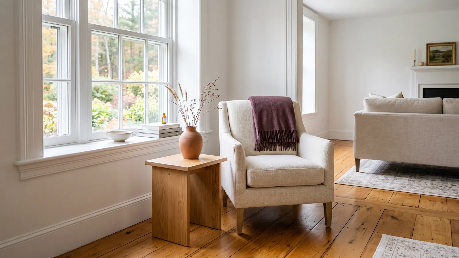 A sunlit New England living room with polished oak floors and clean white window trim.