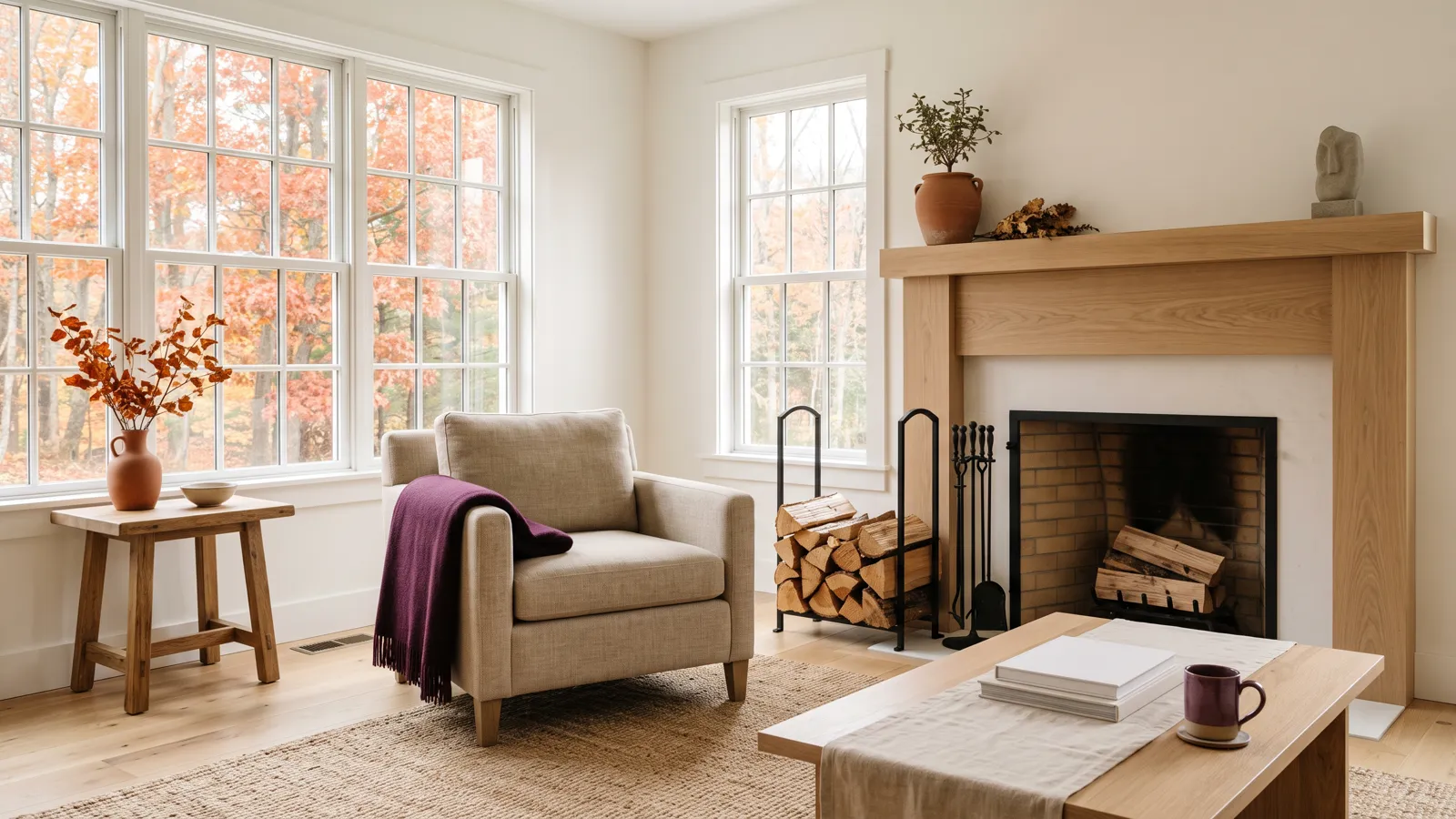 A freshly cleaned living room with autumn foliage visible through clean windows.