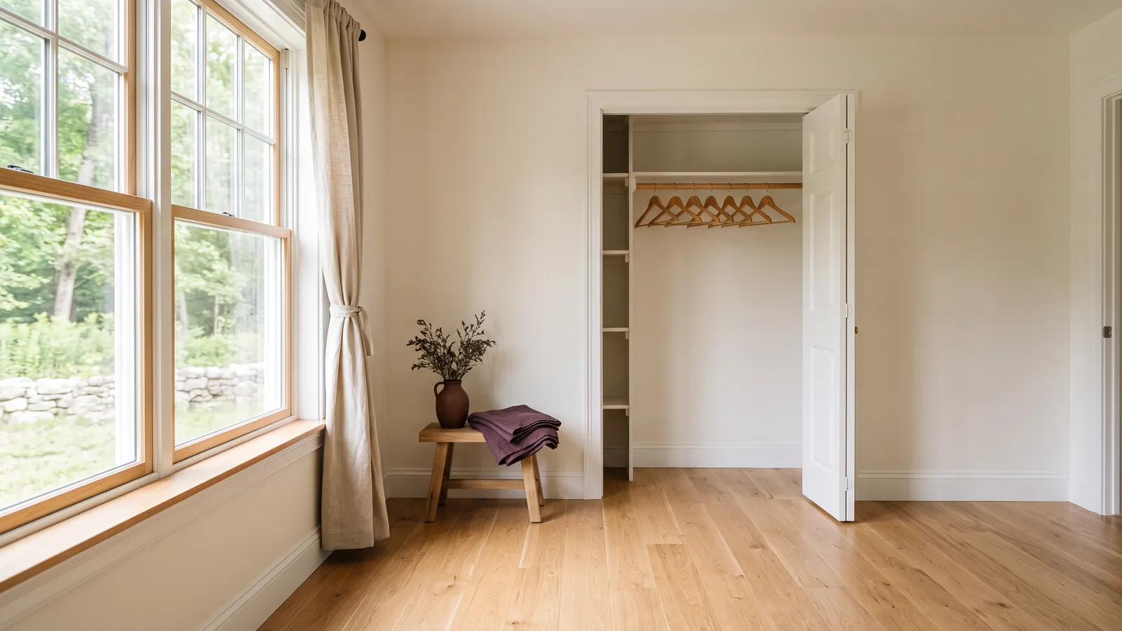 An empty bedroom with bare oak floors, a sunlit window sill and an open, empty closet.