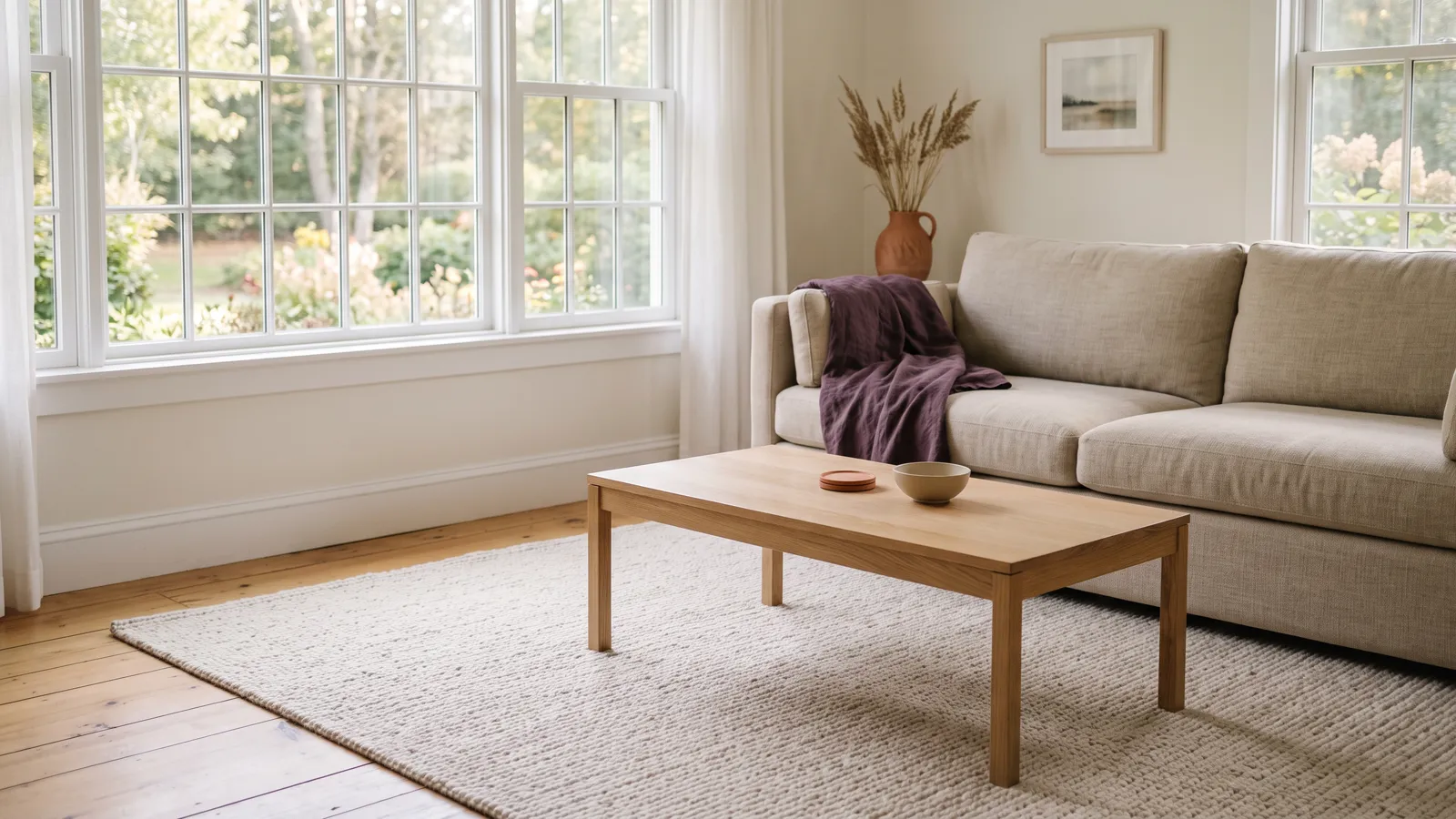 A living room after a thorough cleaning, with clean baseboards, a cleared table and a freshly vacuumed rug.