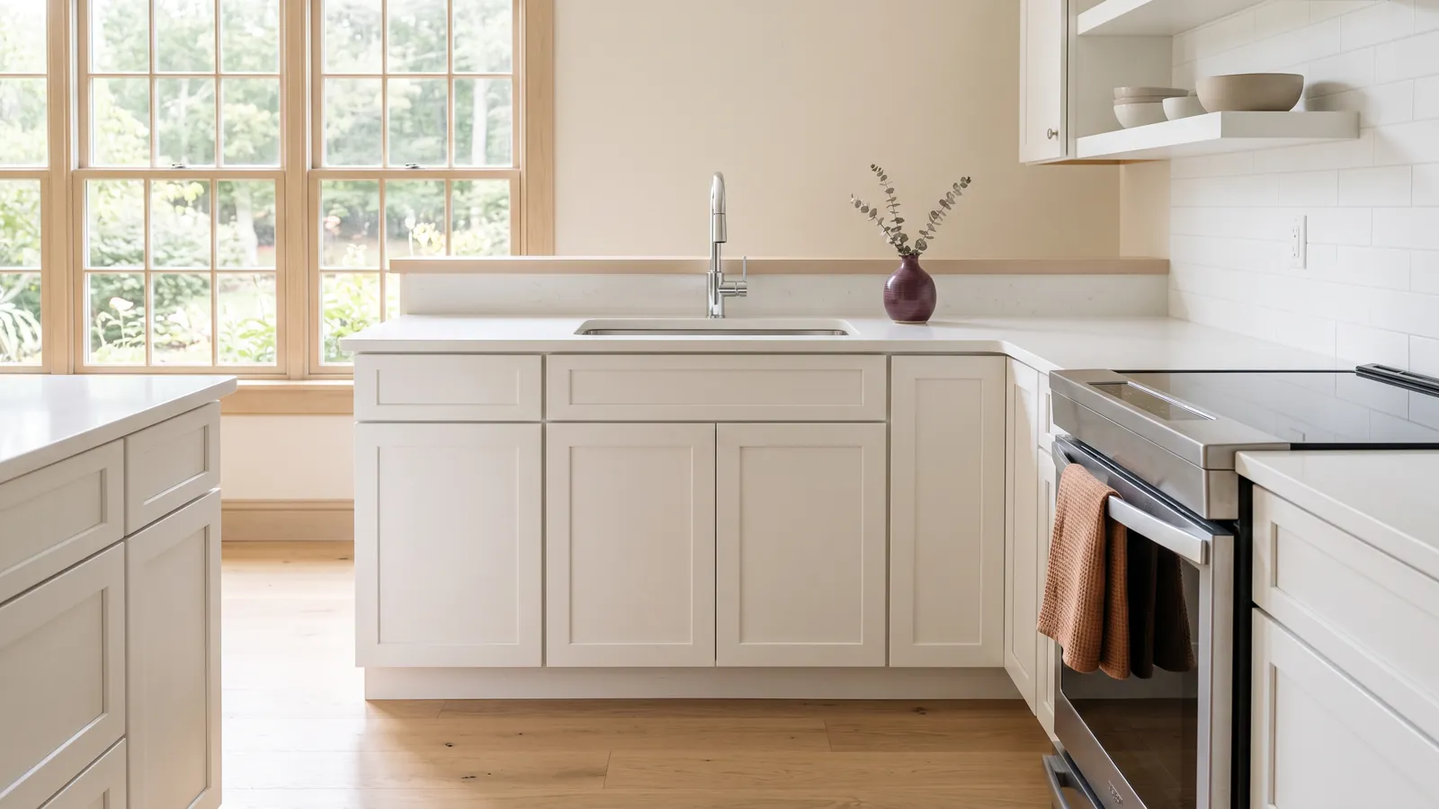 An empty, freshly cleaned kitchen with bare counters, a polished faucet and clean cabinet fronts.