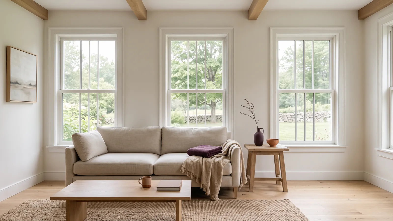 An empty living room with spotless double-hung windows, clean white sills and bare wood floors.