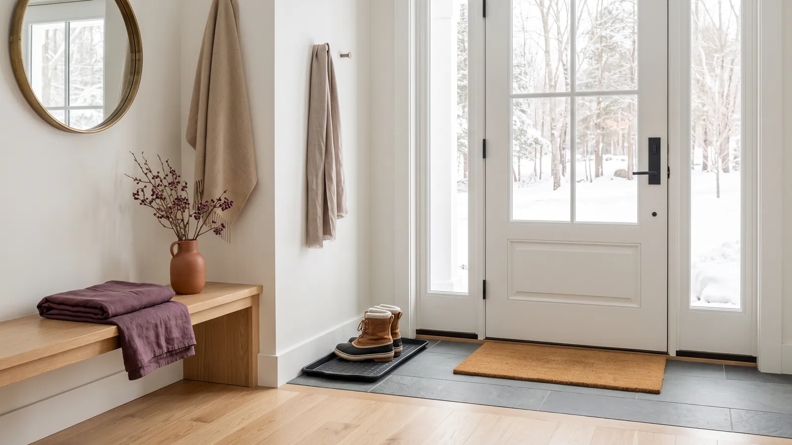 A spotless winter entryway with a clean floor, doormat and boot tray.