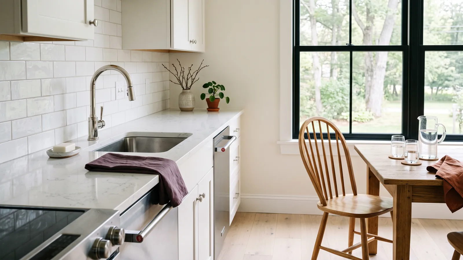 A tidy kitchen and dining corner with clear counters, a polished faucet and a folded linen towel.