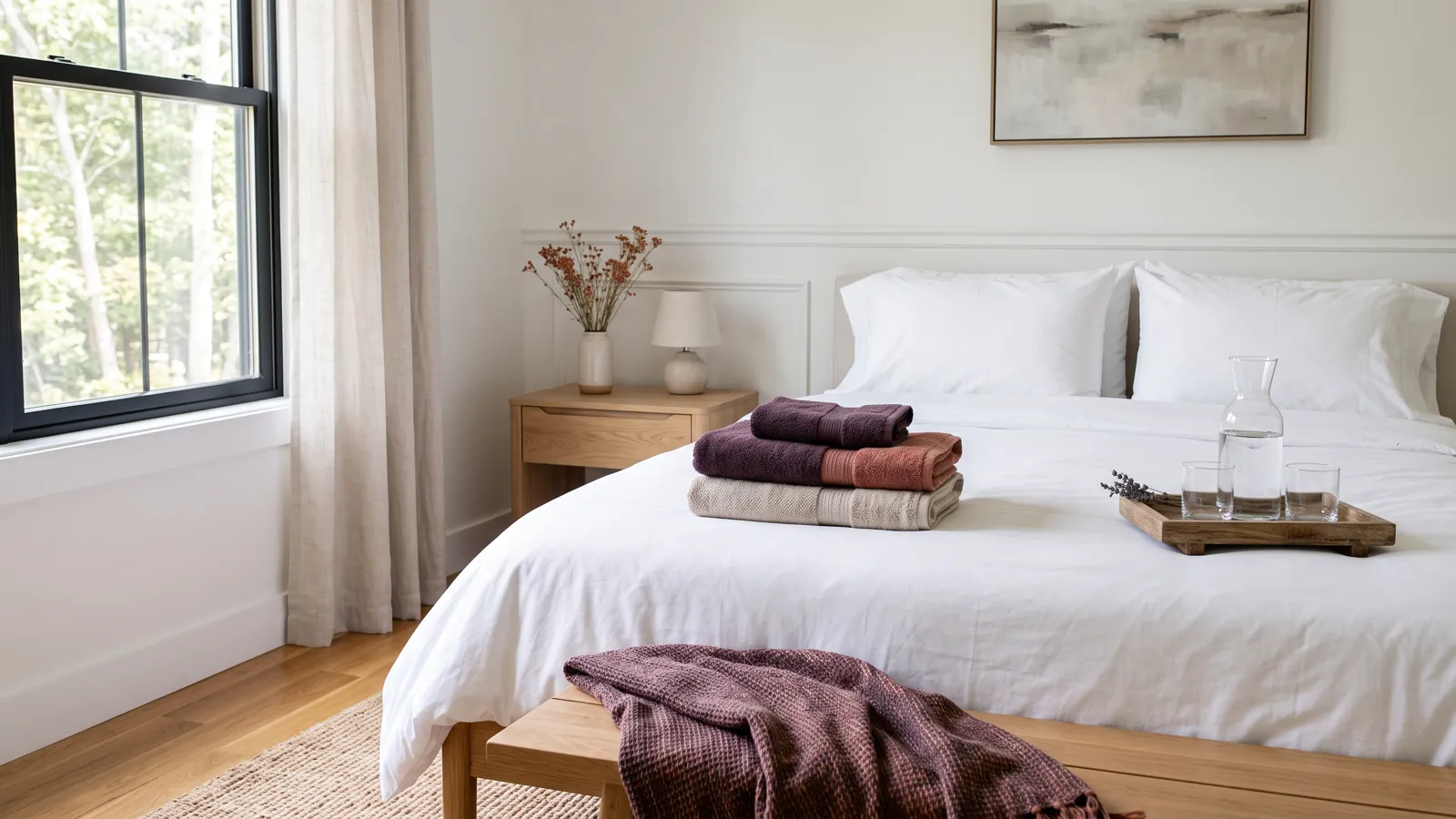 A guest bedroom made up with crisp white linens and folded towels, ready for arrival.